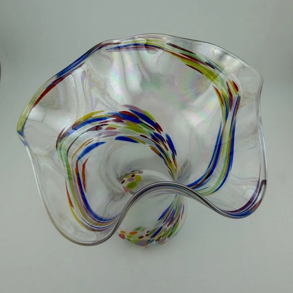 Murano Hand Blown Art Glass Vase Medium Multicolor Iridescent Ruffled Confetti